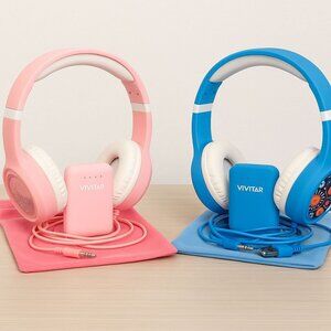 BUNDLE: Vivitar Kids Wired Headphones(2 Sets–Pink & Blue) +Matching Carry Pouch